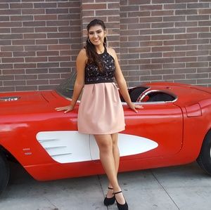 Black lace and blush satin dress